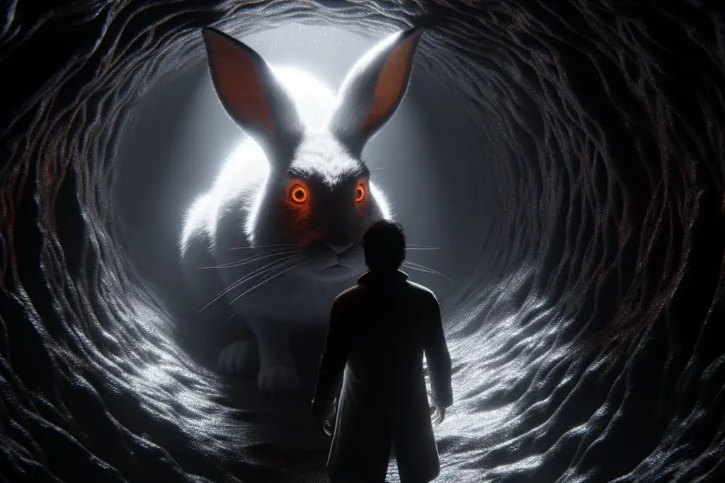 A man staring down a giant rabbit with red, glowing eyes.