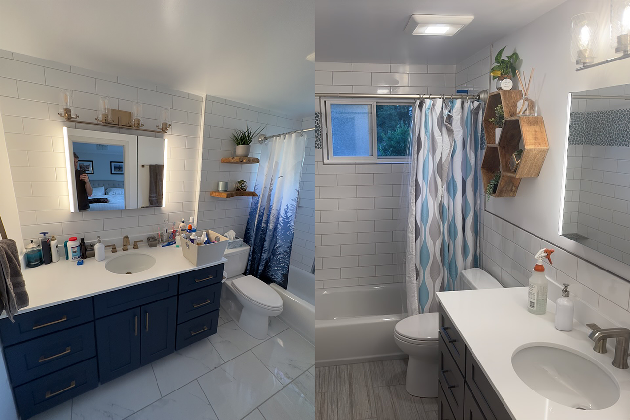 Two side-by-side photos of remodeled bathrooms.