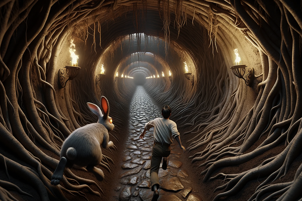 A scary rabbit chasing a man down a rabbit hole.